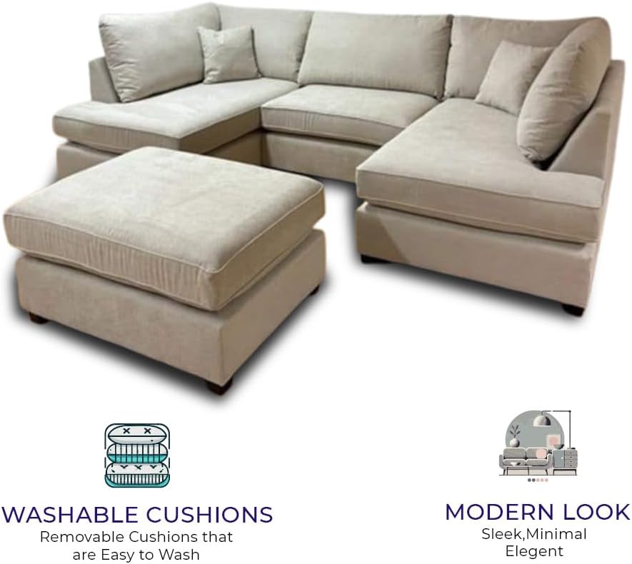 Harper 5 seater Cinema U shaped Chenille Fabric Corner Sofa Beige