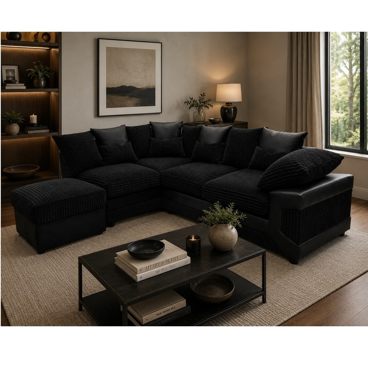 Dino Fabric Left Hand Facing Corner Sofa Foam Seating Black-Black