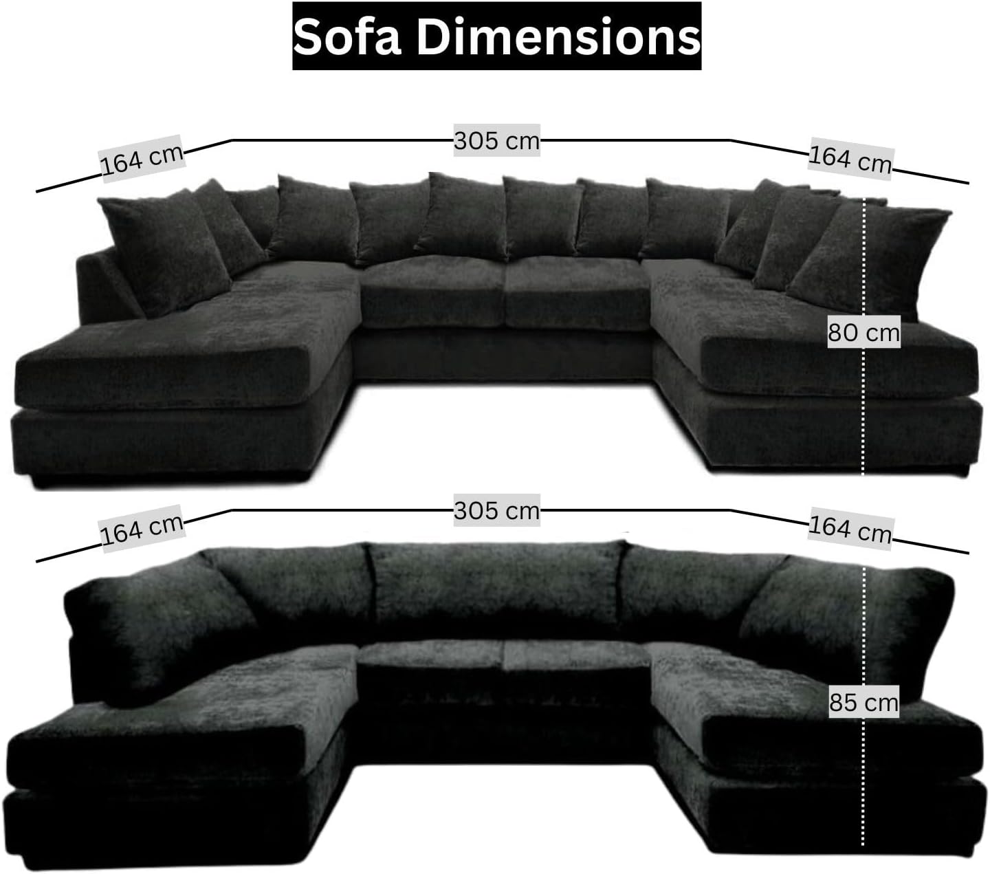 Windsor Scatter Back 6 Seater U Shaped Corner Chenille Fabric Sofa Black