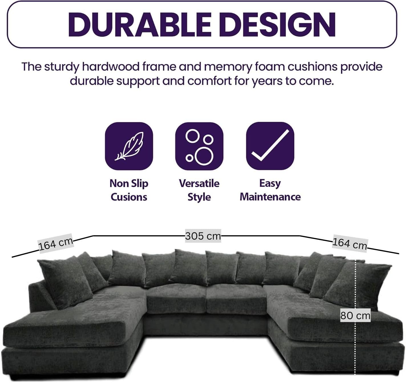 Windsor Scatter Back 6 Seater U Shaped Corner Chenille Fabric Sofa Black