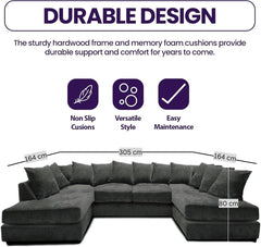 Windsor Scatter Back 6 Seater U Shaped Corner Chenille Fabric Sofa Black