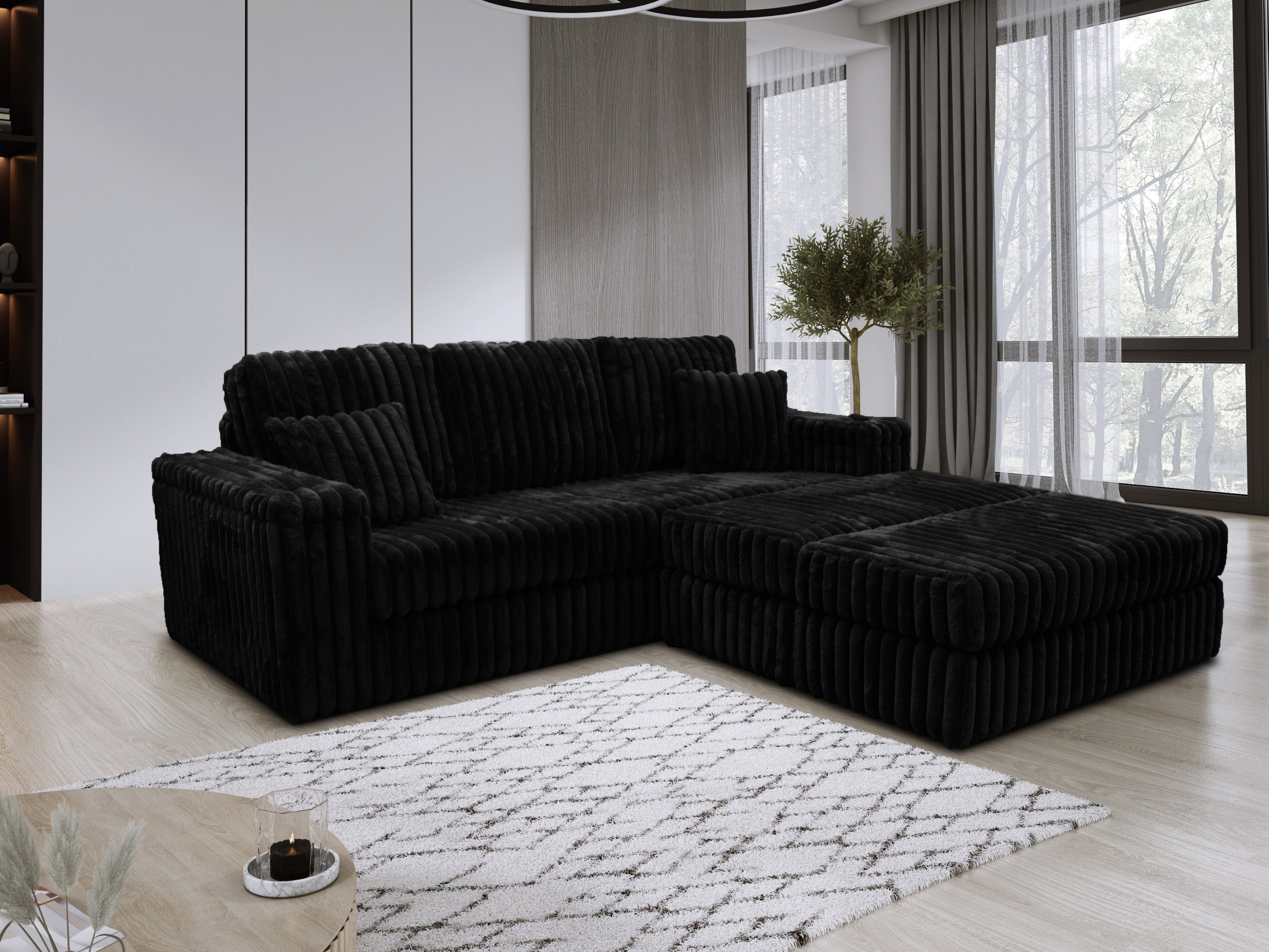 Luxe Chunky Cord 3-Seater Sofa with Removable 2 Footstools Black
