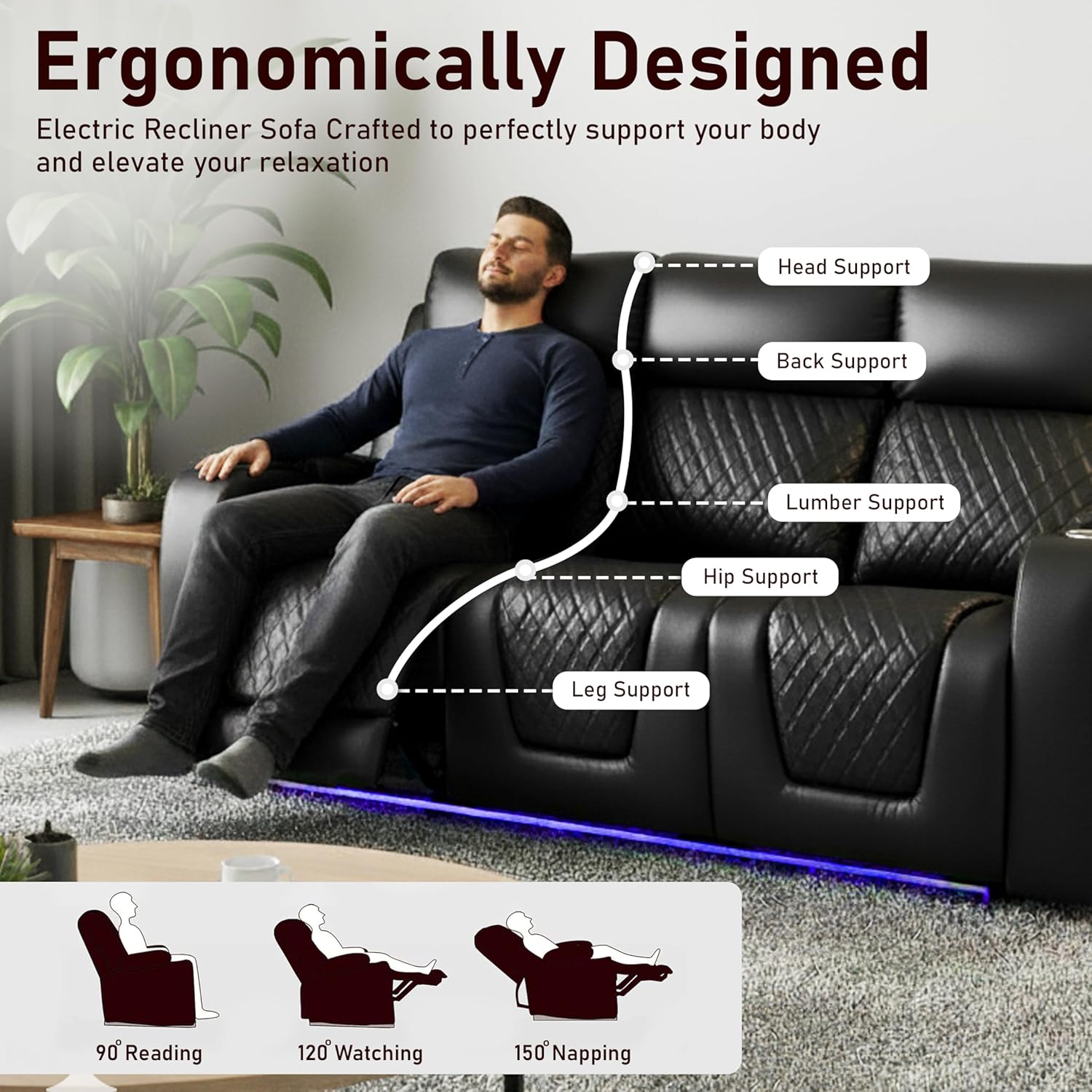 Florida Electric Recliner Leather 3+2 Seater Sofa Set Suite Black