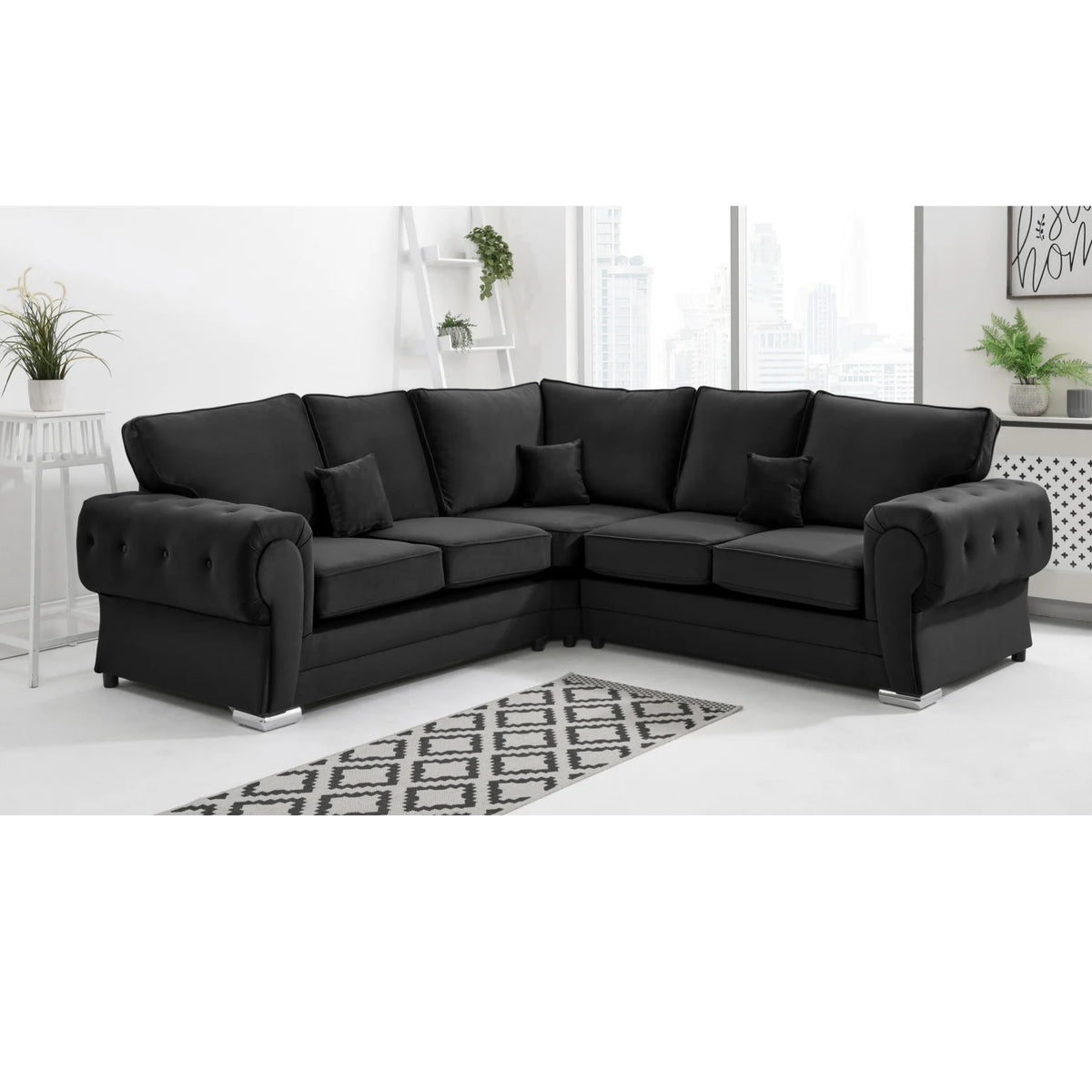 Chingford Plush Velvet Full Back 2c2 Corner Sofa Black