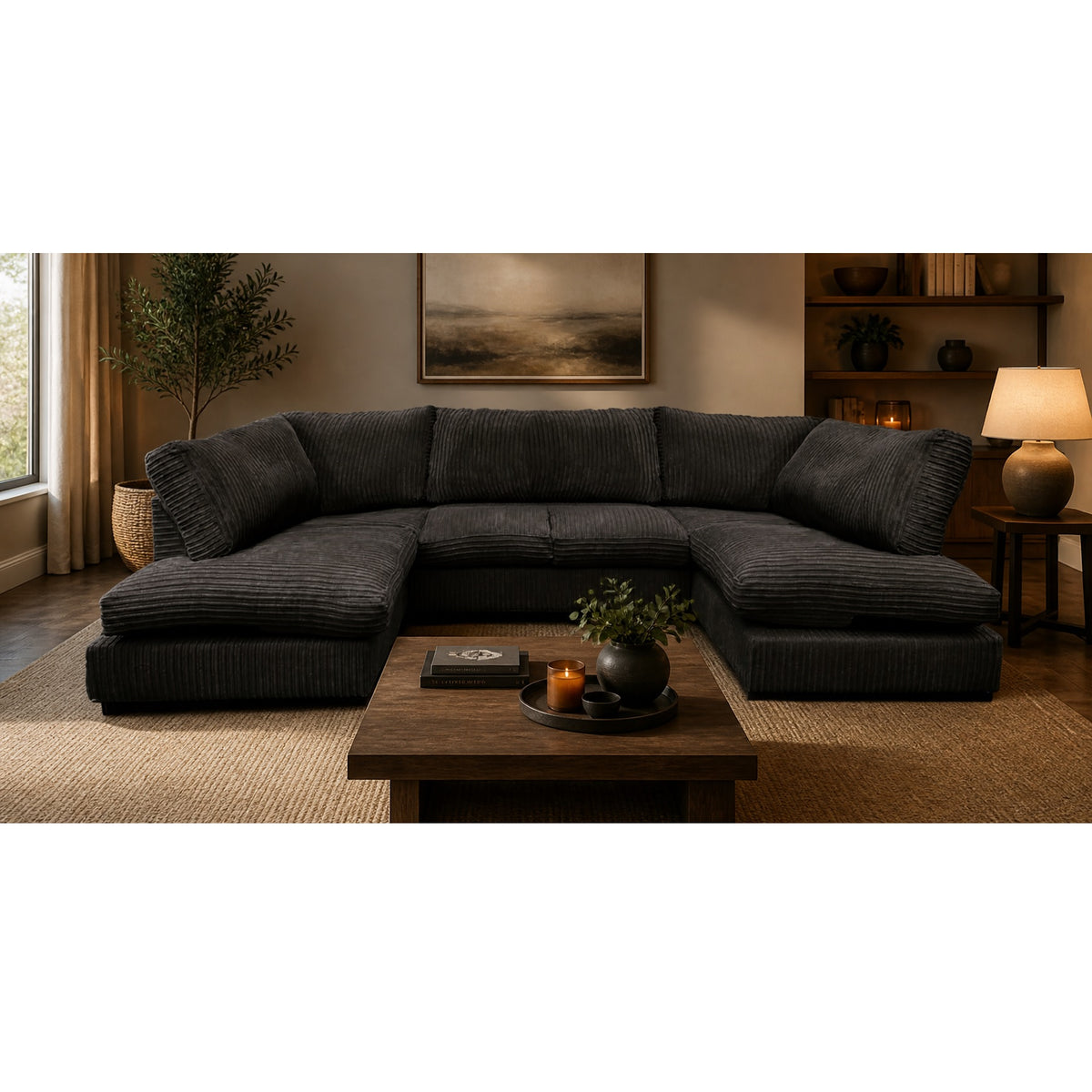 Aspen Full Back 6 Seater U Shaped Corner Jumbo Cord Fabric Sofa Black