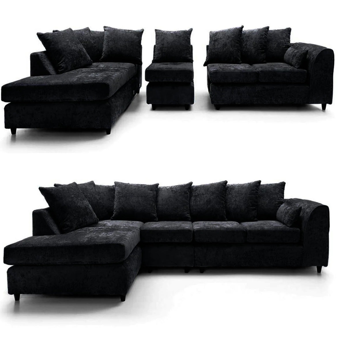 DYLAN Chenille Fabric Scatter Back 5 Seater Left Hand Facing Corner Sofa Black