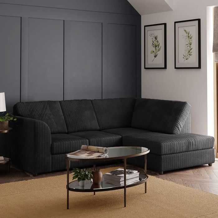 Hannah Jumbo Cord Full Back 4 Seater Right Hand Facing Corner Sofa Black
