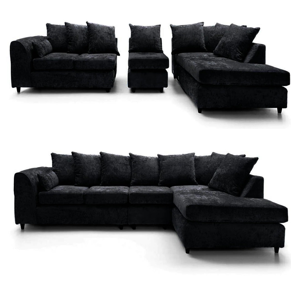 DYLAN Chenille Fabric Scatter Back 5 Seater Right Hand Facing Corner Sofa Black