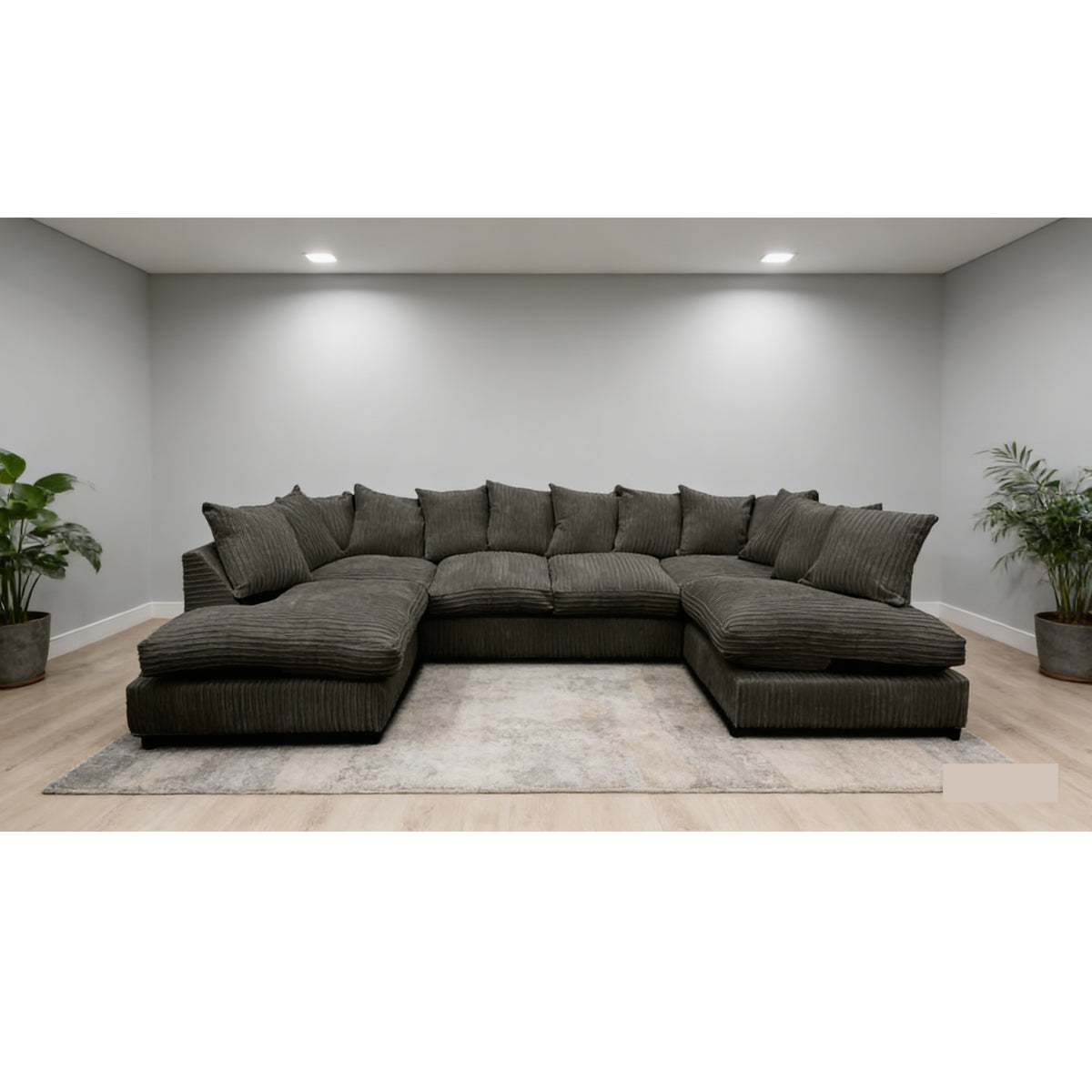 Monaco Scatter Back 6 Seater U Shaped Corner Jumbo Cord Fabric Sofa Black