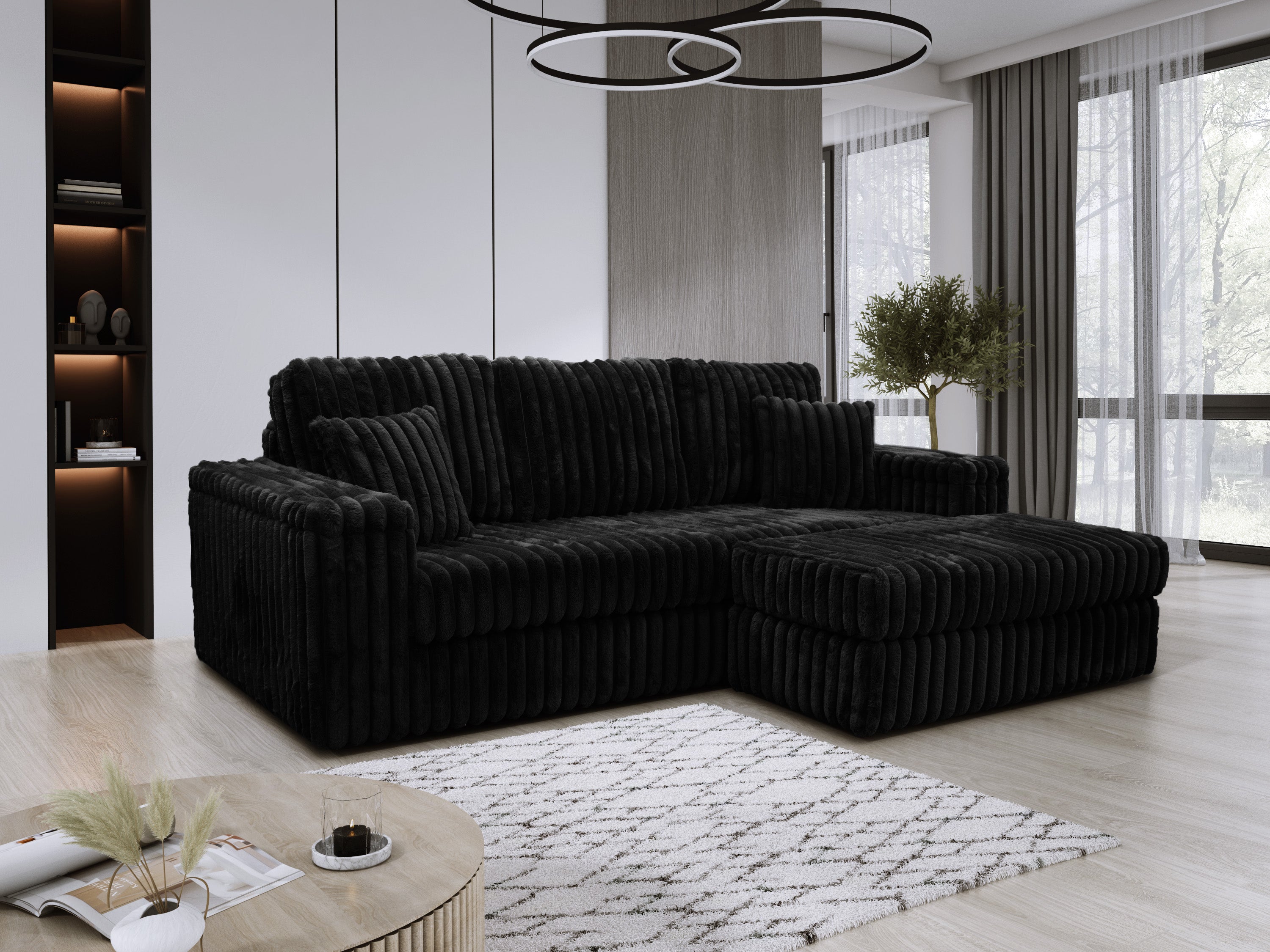 Luxe Chunky Cord 3-Seater Sofa with Removable 2 Footstools Black
