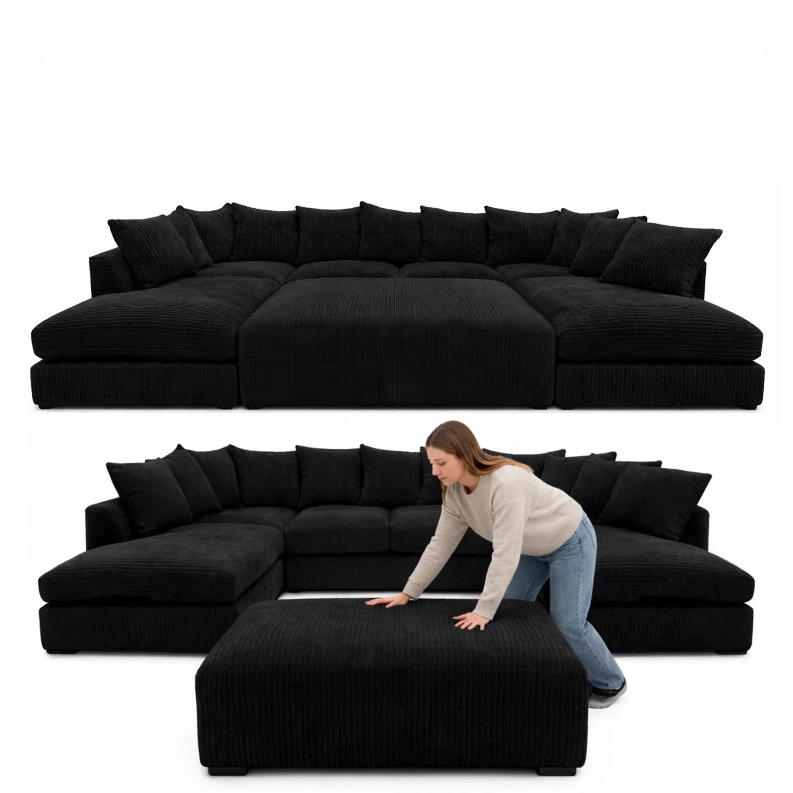 Cinema Large U Shape Sofa Jumbo Cord Fabric Black