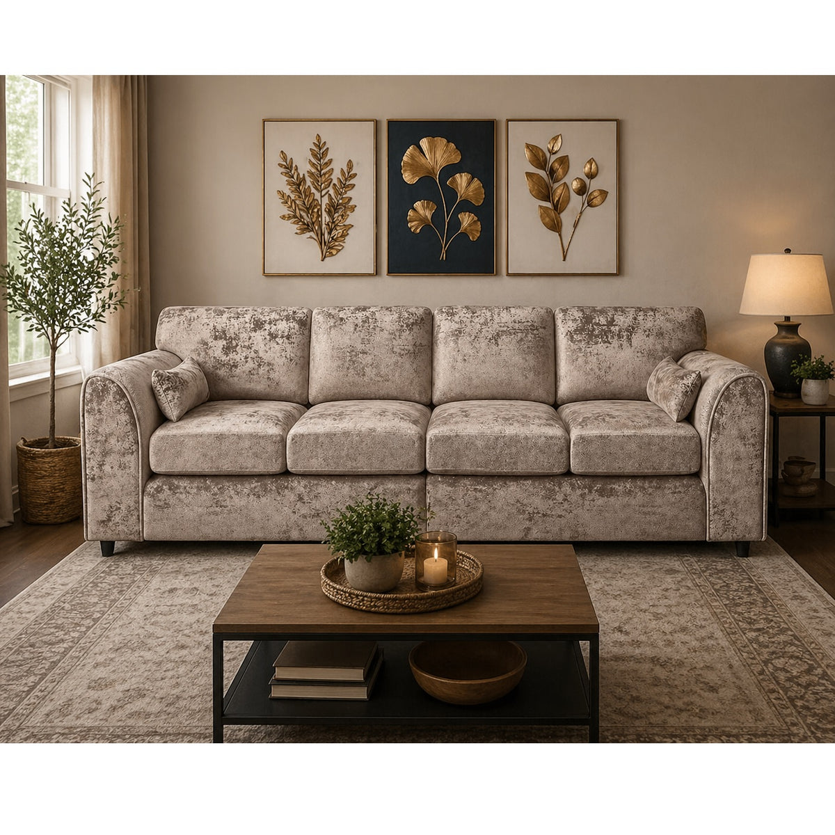Bela Crushed Velvet 4 Seater Full Back Sofa Champagne