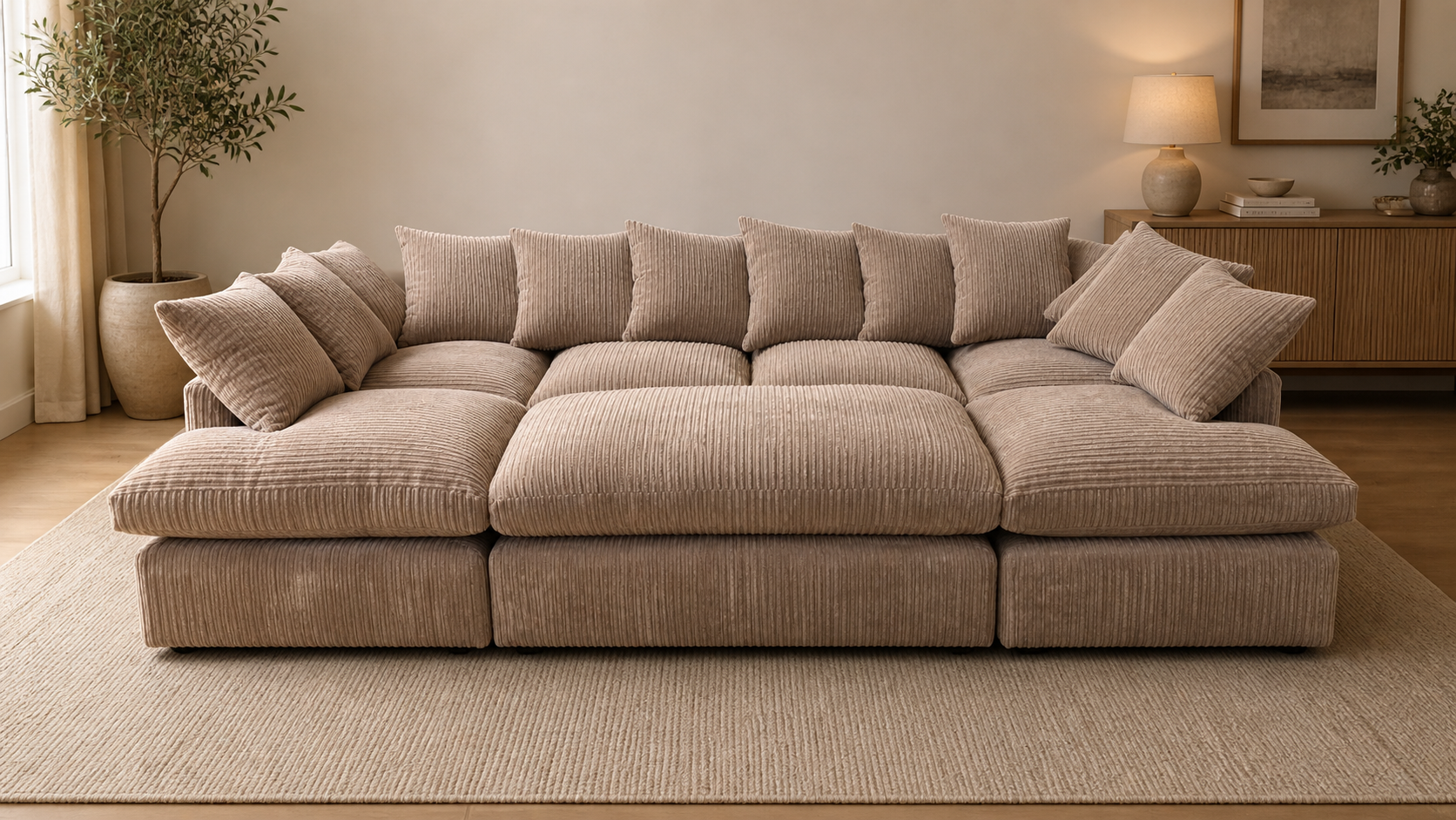 Cinema Large U Shape Sofa Jumbo Cord Fabric Coffee