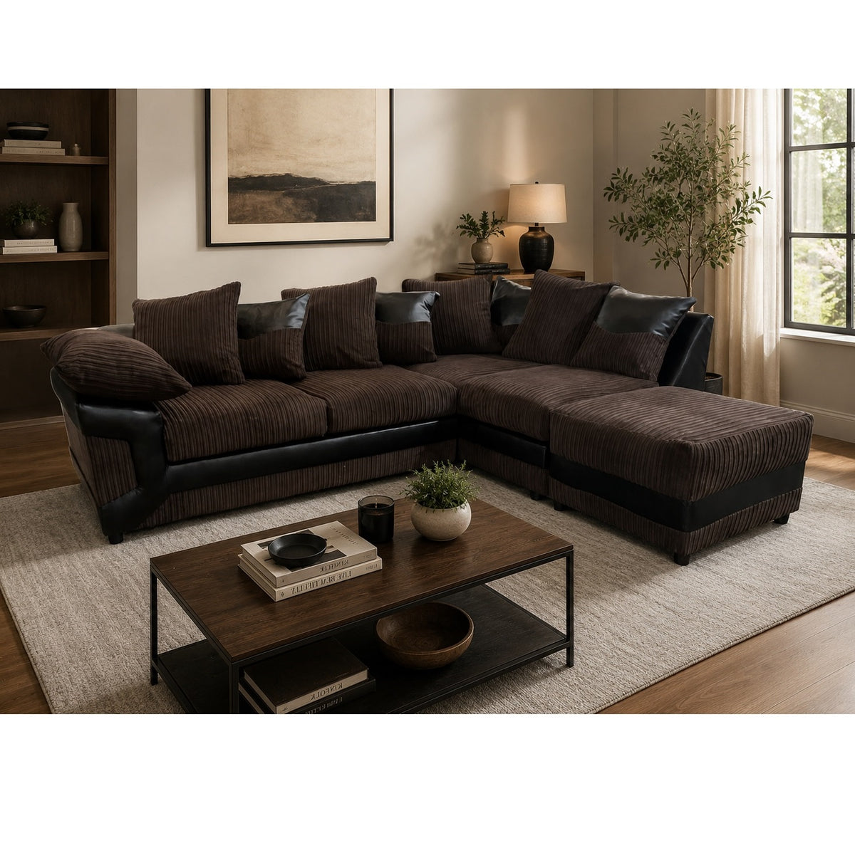 Dino Fabric Right Hand Facing Corner Sofa Foam Seating Chocolate-Brown