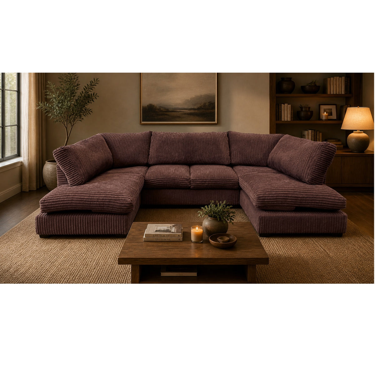 Aspen Full Back 6 Seater U Shaped Corner Jumbo Cord Fabric Sofa Chocolate