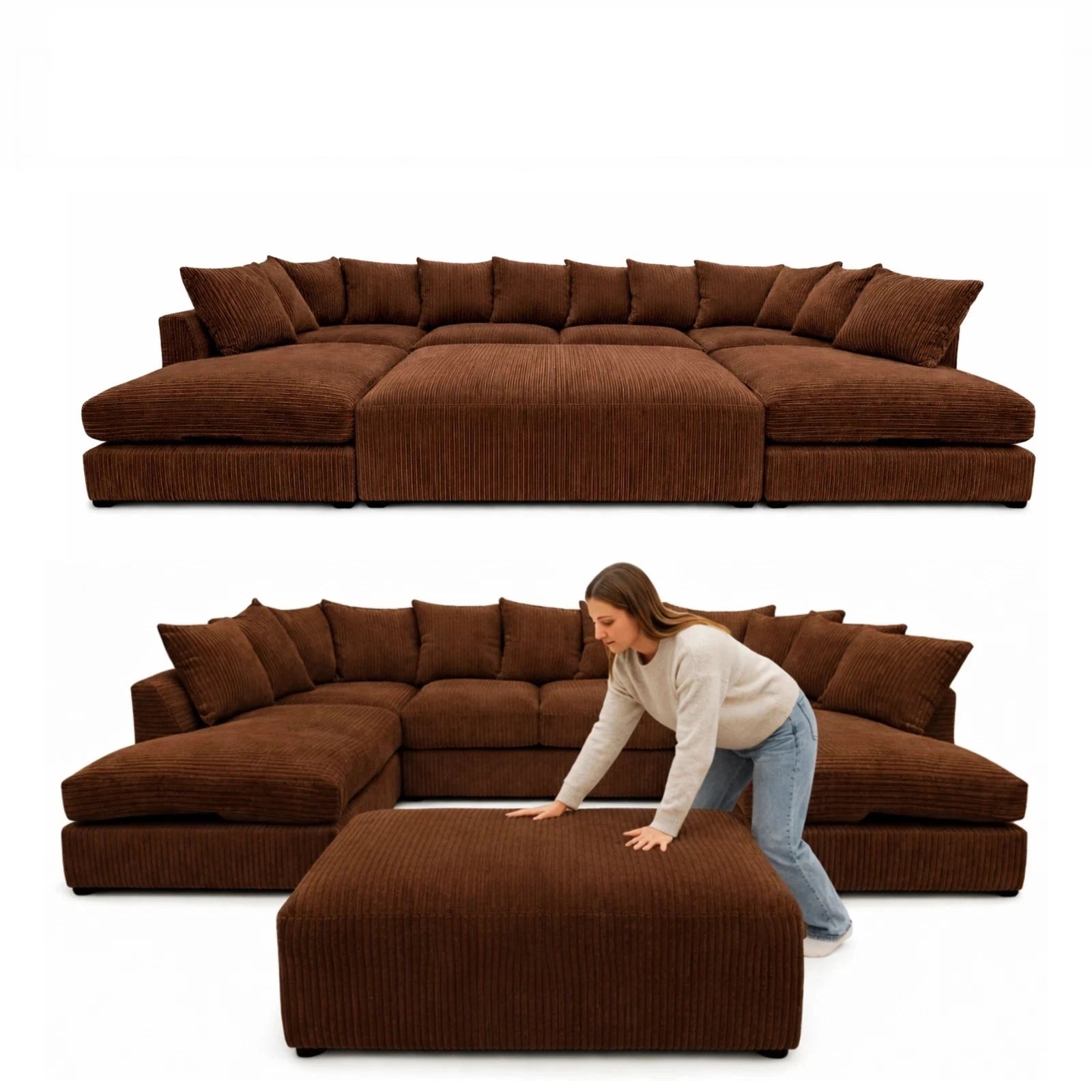 Cinema Large U Shape Sofa Jumbo Cord Fabric Chocolate