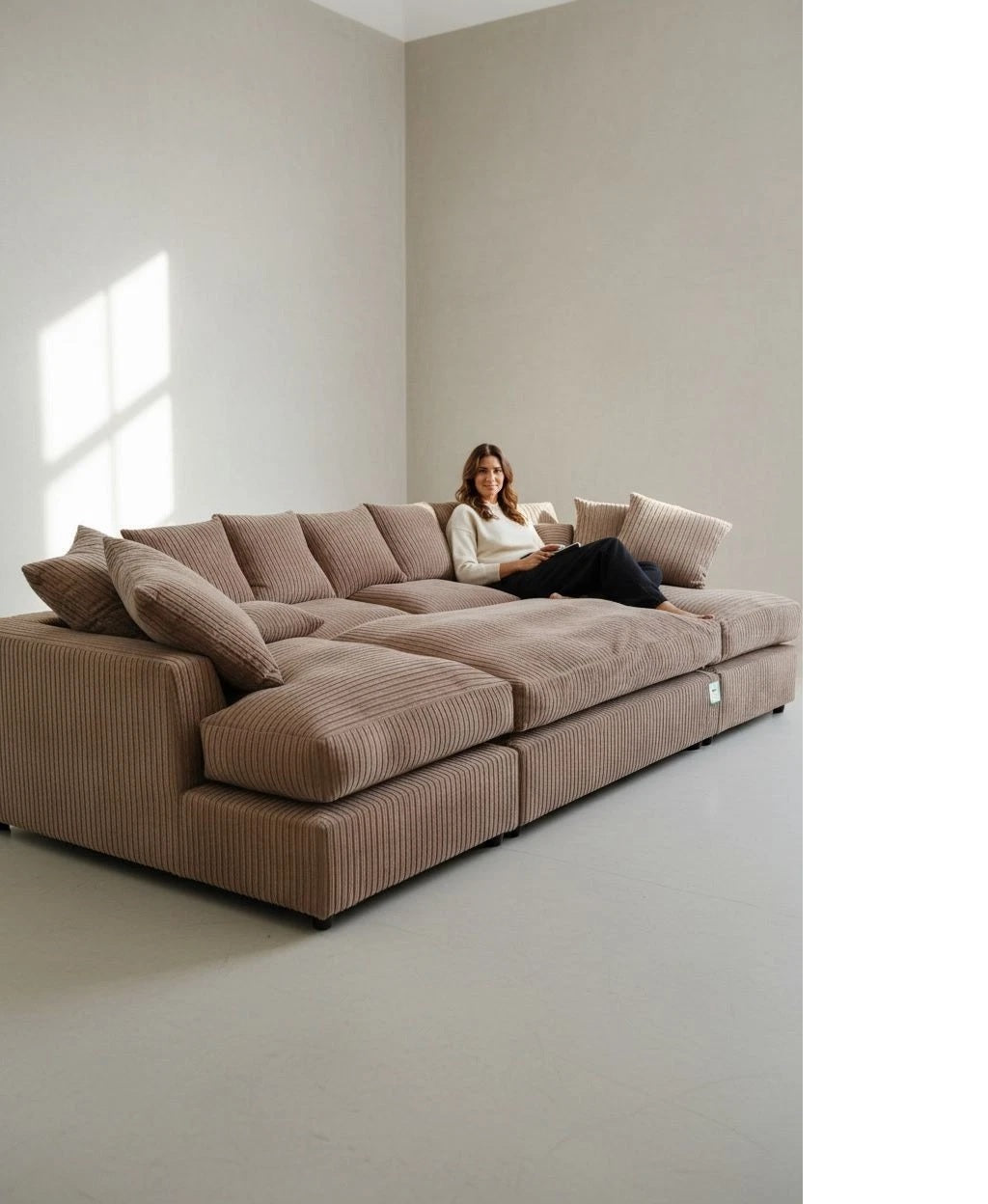 Cinema Large U Shape Sofa Jumbo Cord Fabric Coffee