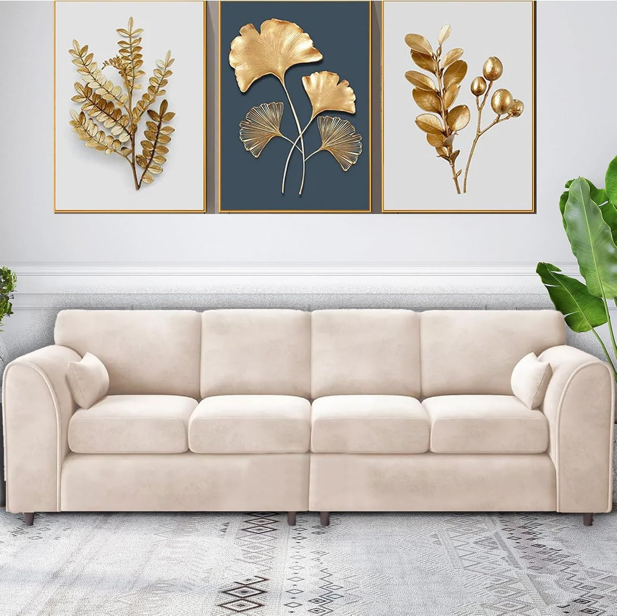 Raven Plush Velvet 4 Seater Full Back Sofa Cream