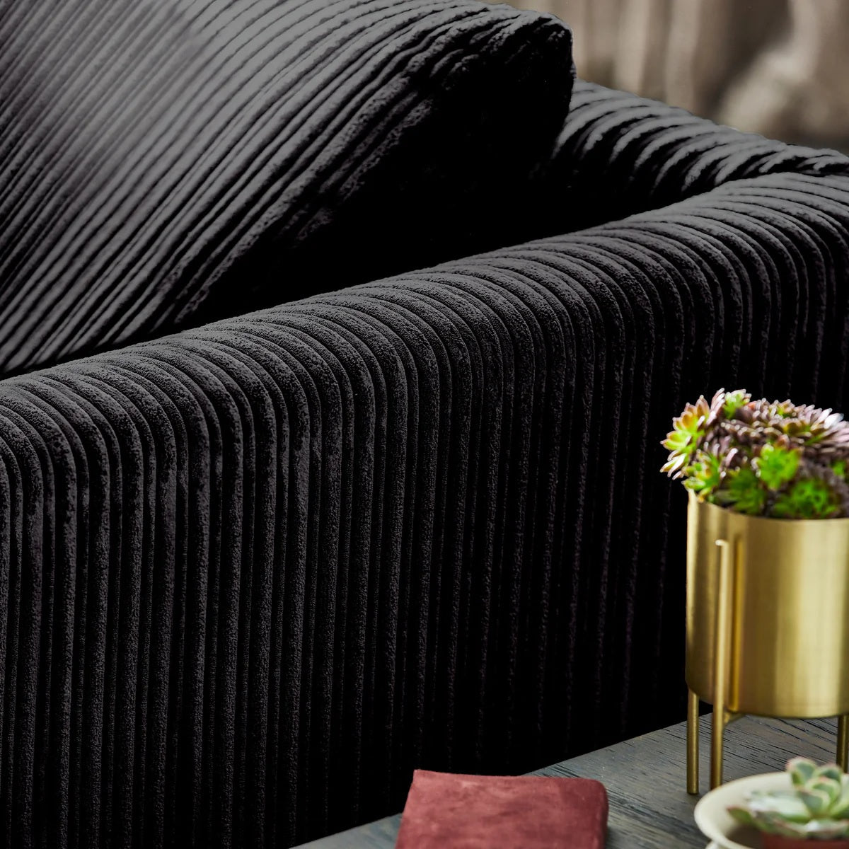 Hannah Jumbo Cord Scatter Back 4 Seater Left Hand Facing Corner Sofa Black