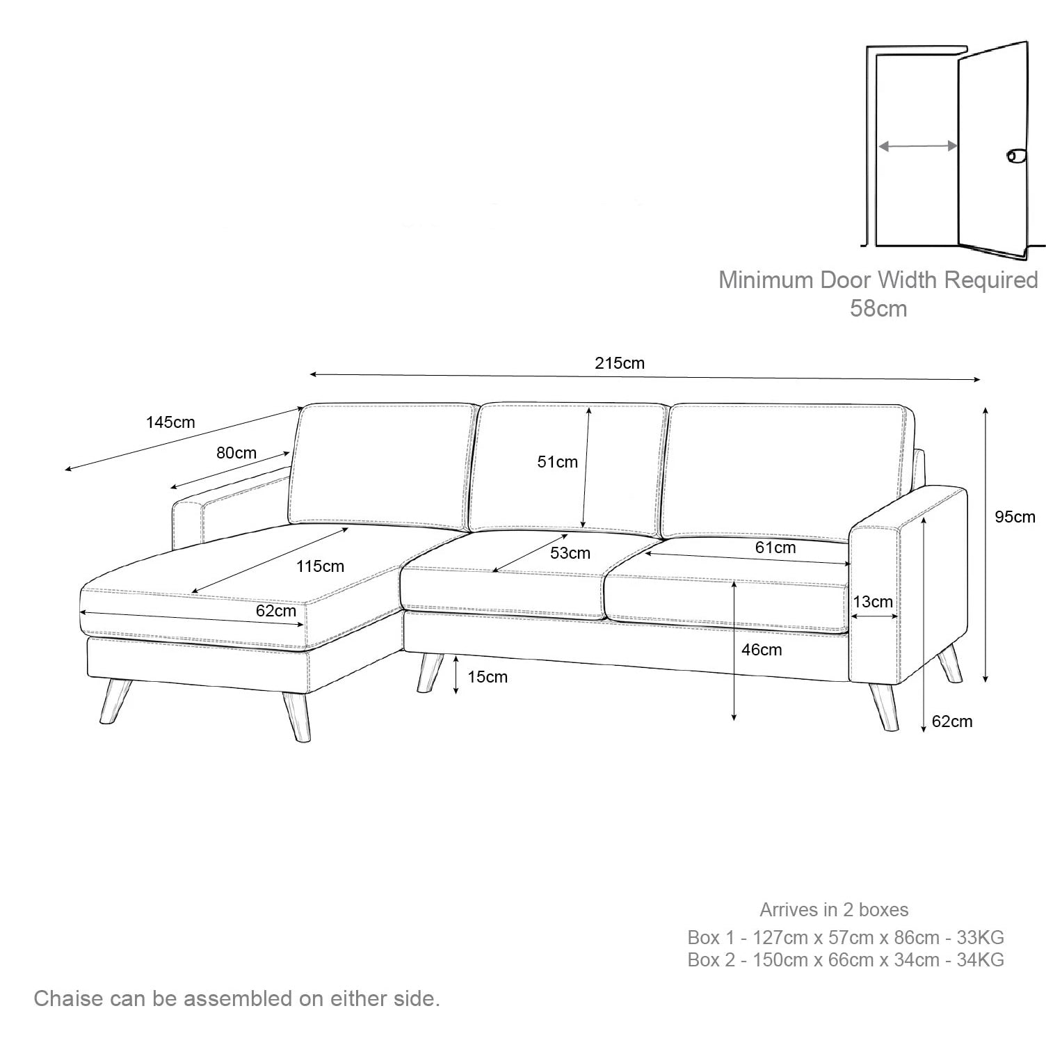 VENICE Universal L Shaped Corner Sofa Grey