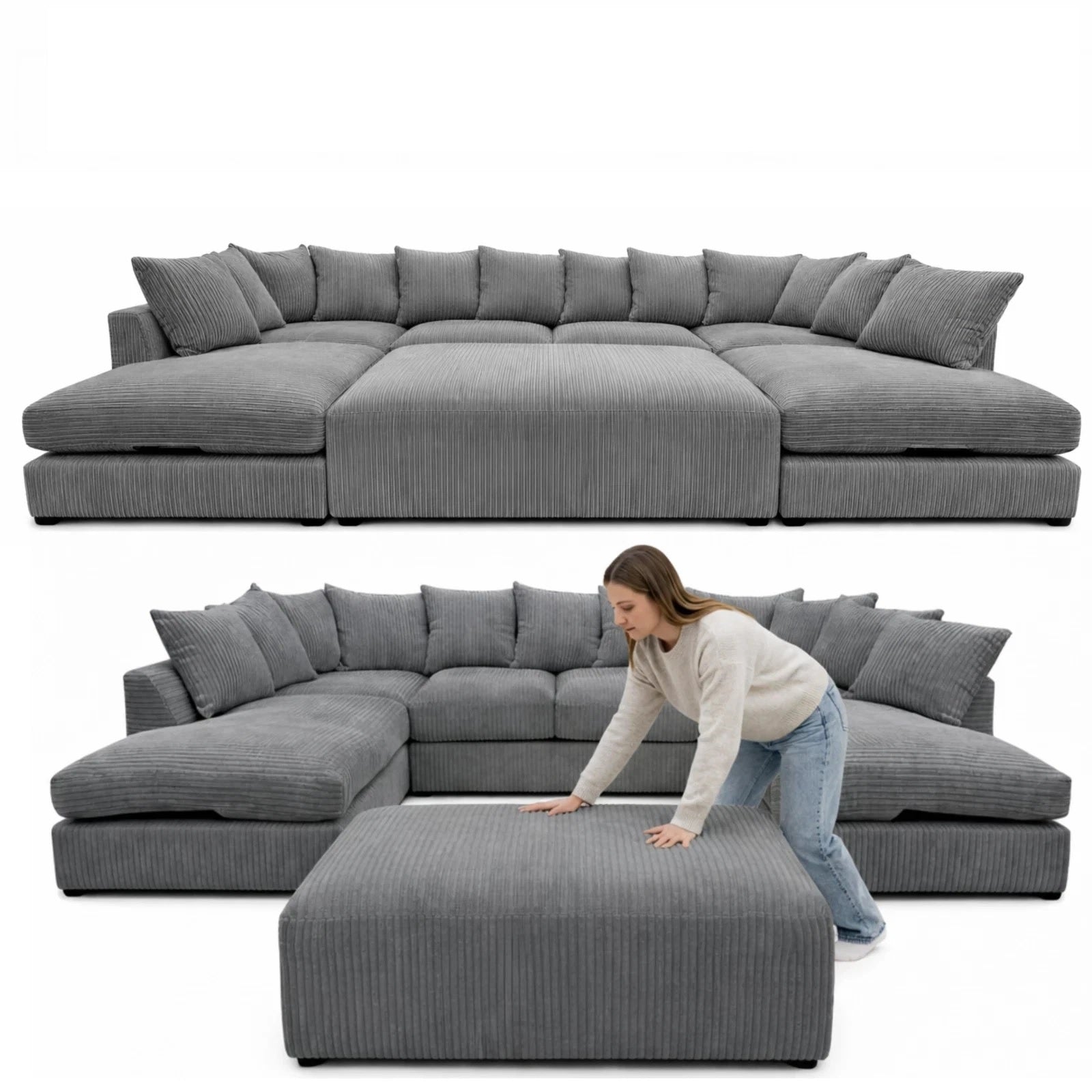 Cinema Large U Shape Sofa Jumbo Cord Fabric Grey