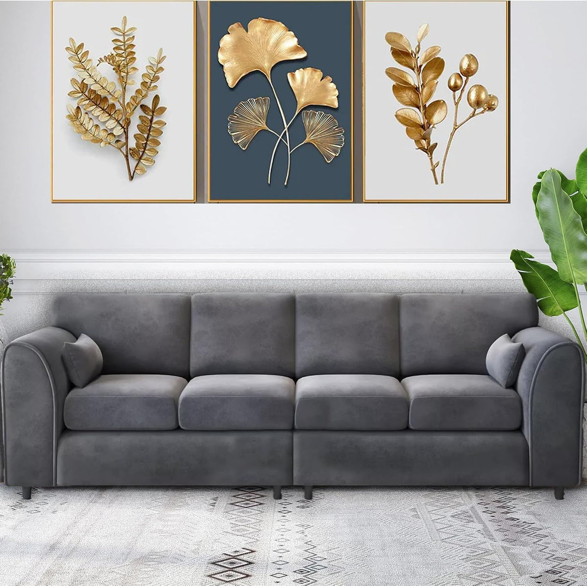 Raven Plush Velvet 4 Seater Full Back Sofa Grey