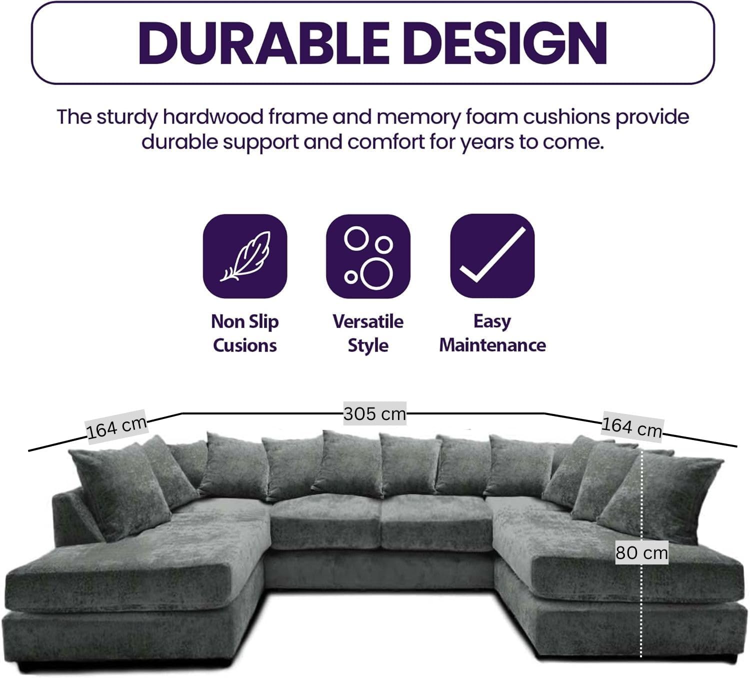 Windsor Scatter Back 6 Seater U Shaped Corner Chenille Fabric Sofa Grey