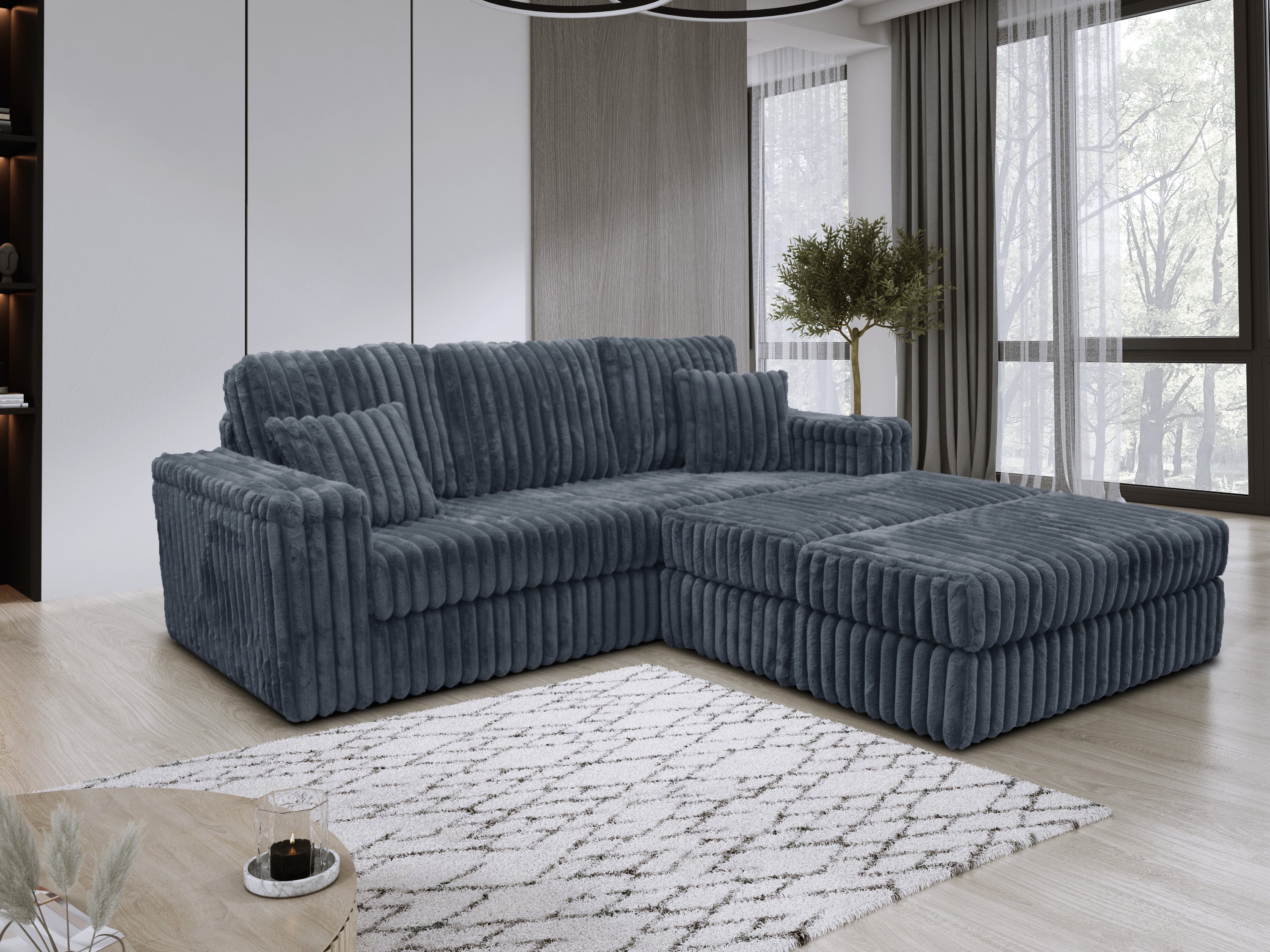 Luxe Chunky Cord 3-Seater Sofa with Removable 2 Footstools Grey