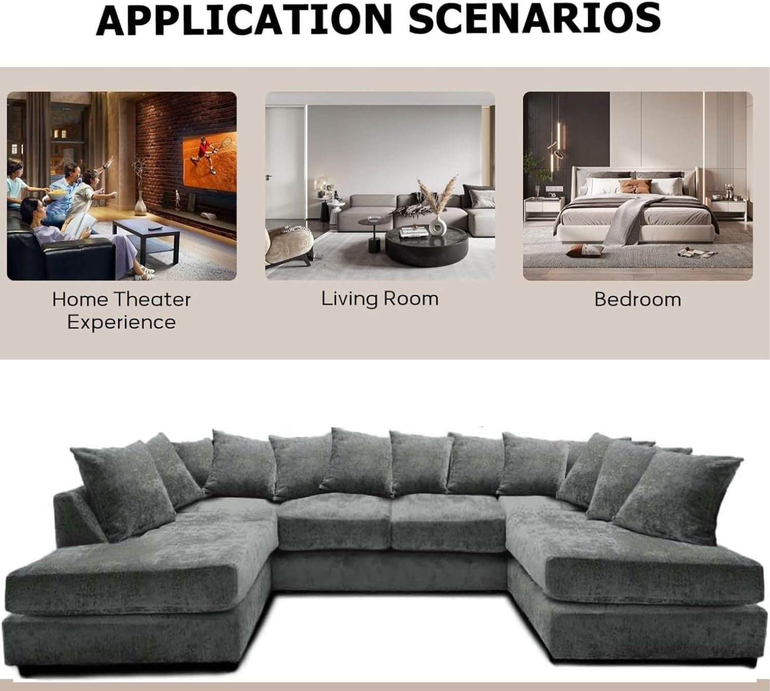 Windsor Scatter Back 6 Seater U Shaped Corner Chenille Fabric Sofa Grey