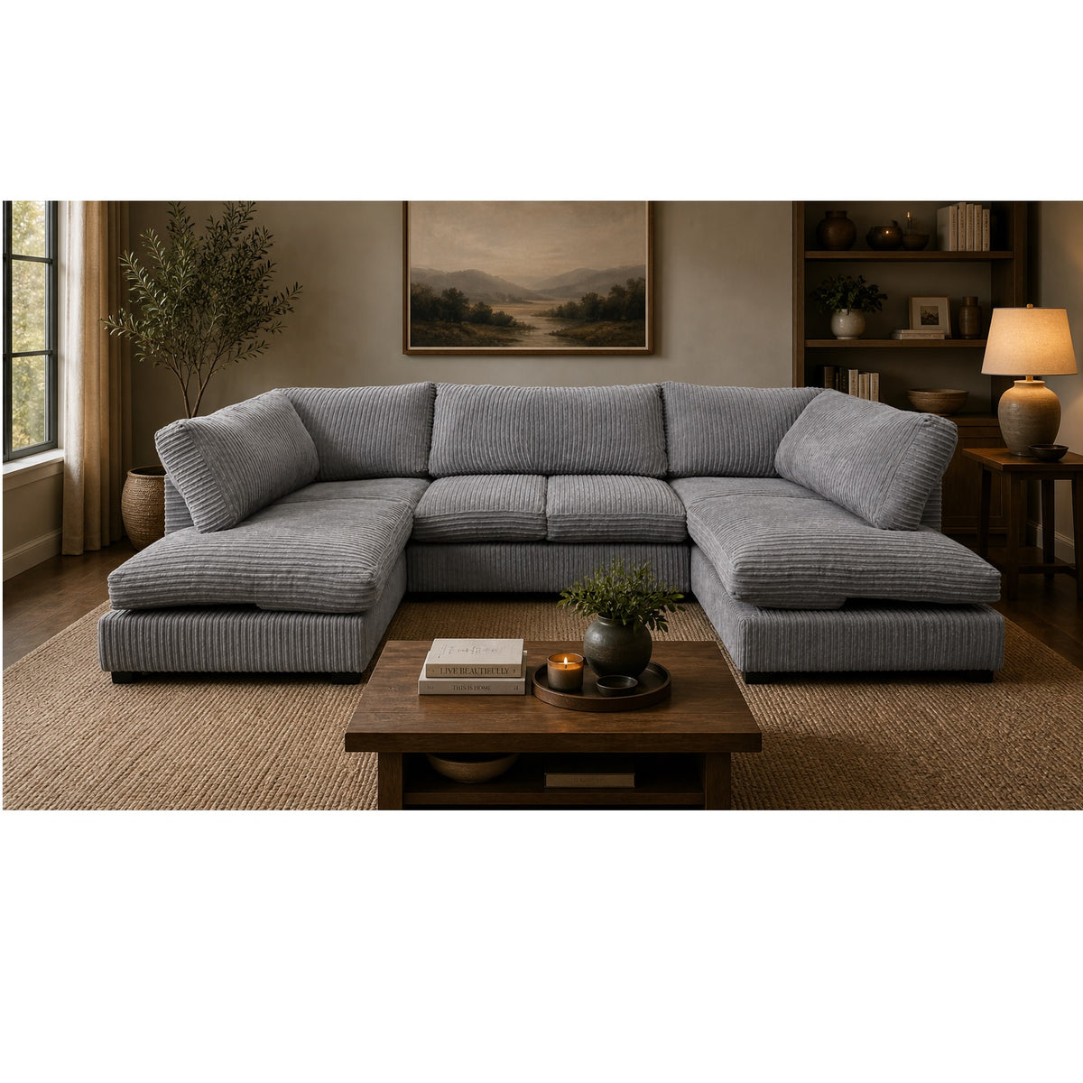 Aspen Full Back 6 Seater U Shaped Corner Jumbo Cord Fabric Sofa Grey
