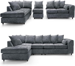 DYLAN Chenille Fabric Scatter Back 5 Seater Left Hand Facing Corner Sofa Grey