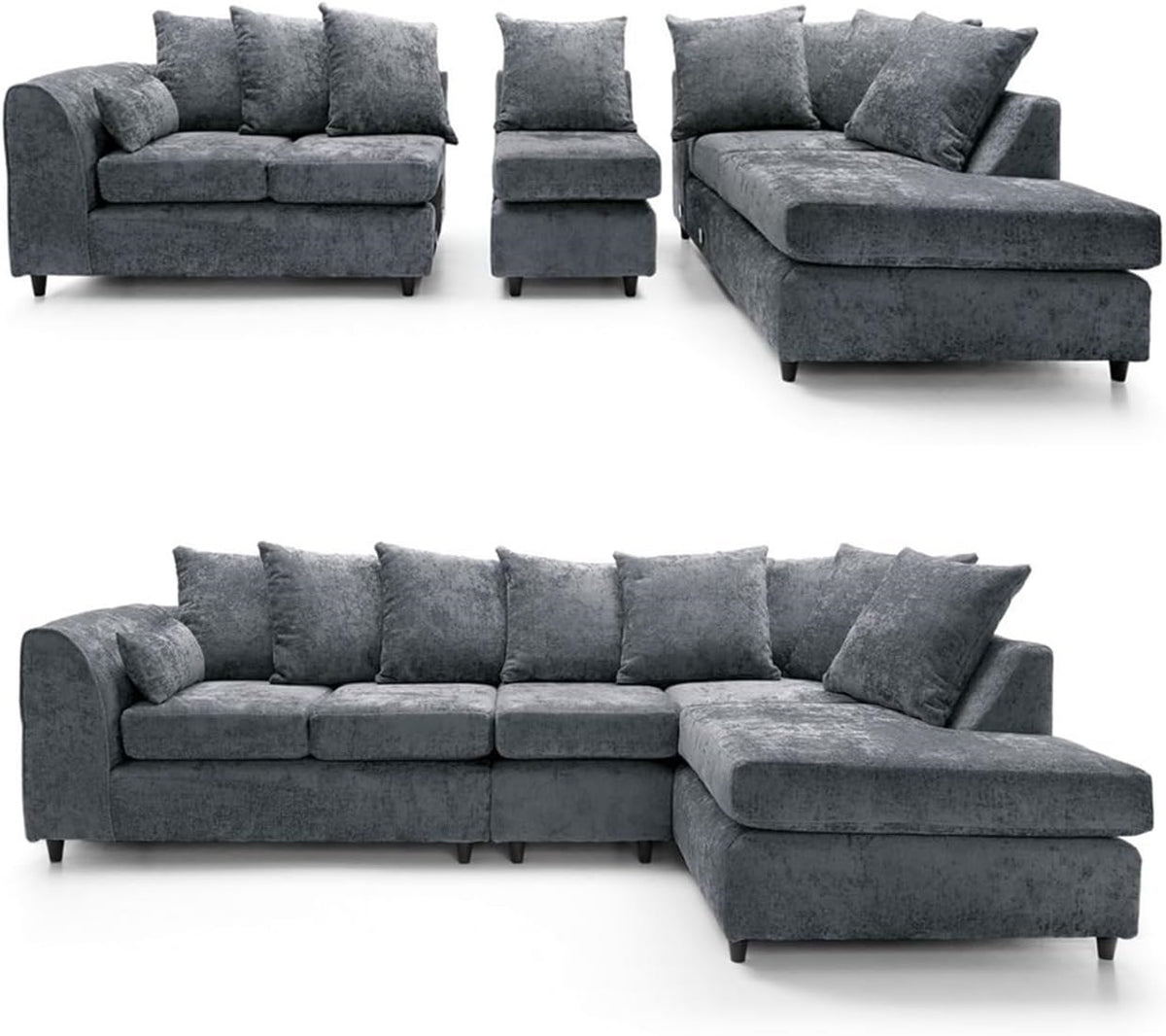 DYLAN Chenille Fabric Scatter Back 5 Seater Right Hand Facing Corner Sofa Grey