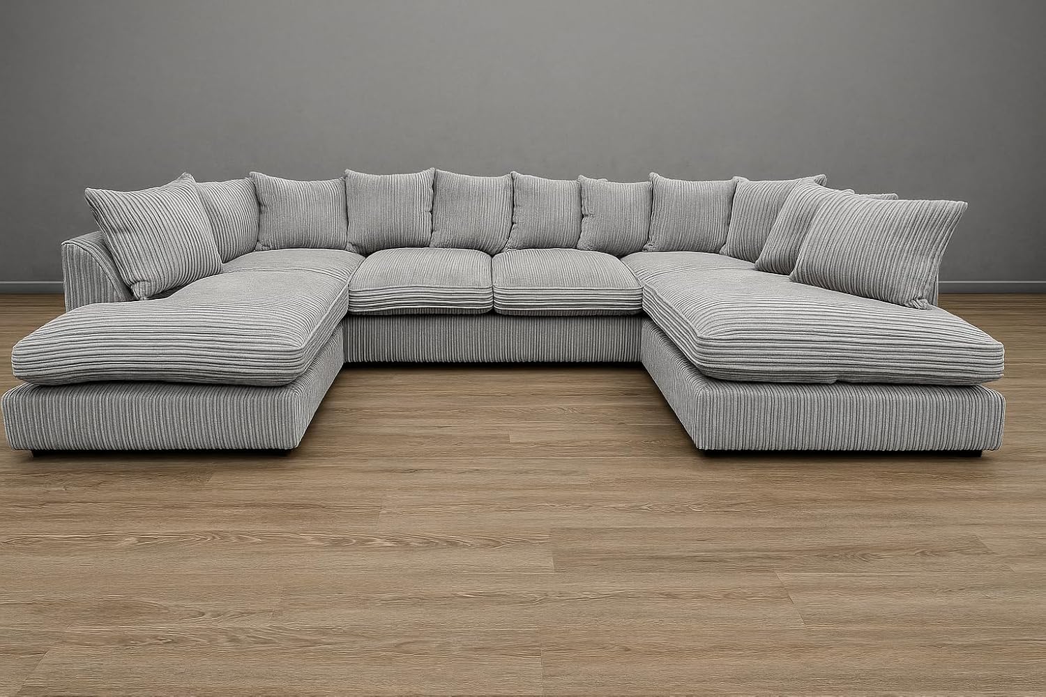 Monaco Scatter Back 6 Seater U Shaped Corner Jumbo Cord Fabric Sofa Grey