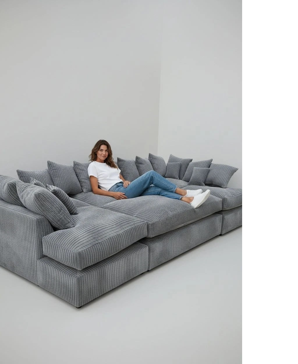 Cinema Large U Shape Sofa Jumbo Cord Fabric Grey