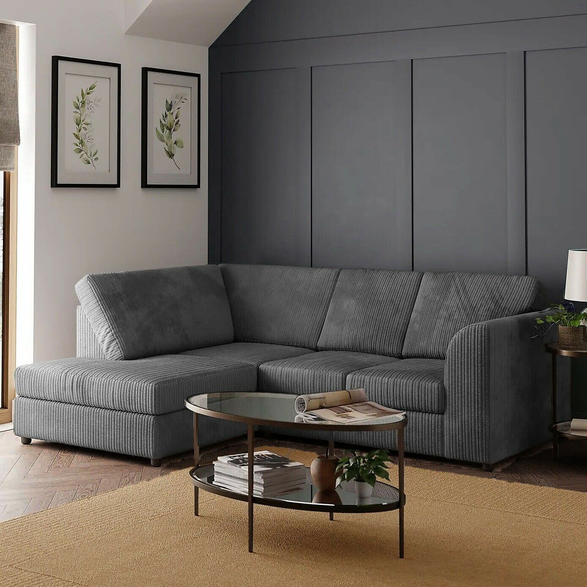 Hannah Jumbo Cord Full Back 4 Seater Left Hand Facing Corner Sofa Grey