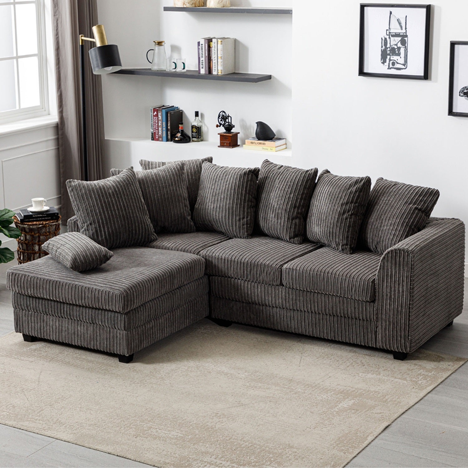 Hannah Jumbo Cord Scatter Back 4 Seater Left Hand Facing Corner Sofa Grey