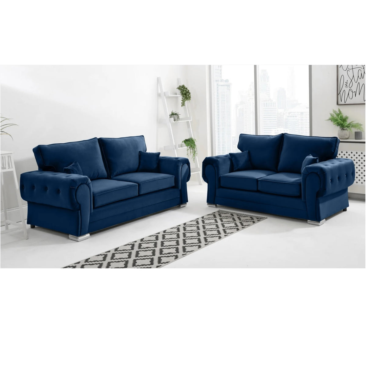 Chingford Plush Velvet Full Back 3+2 Seater Sofa Set Marine Blue