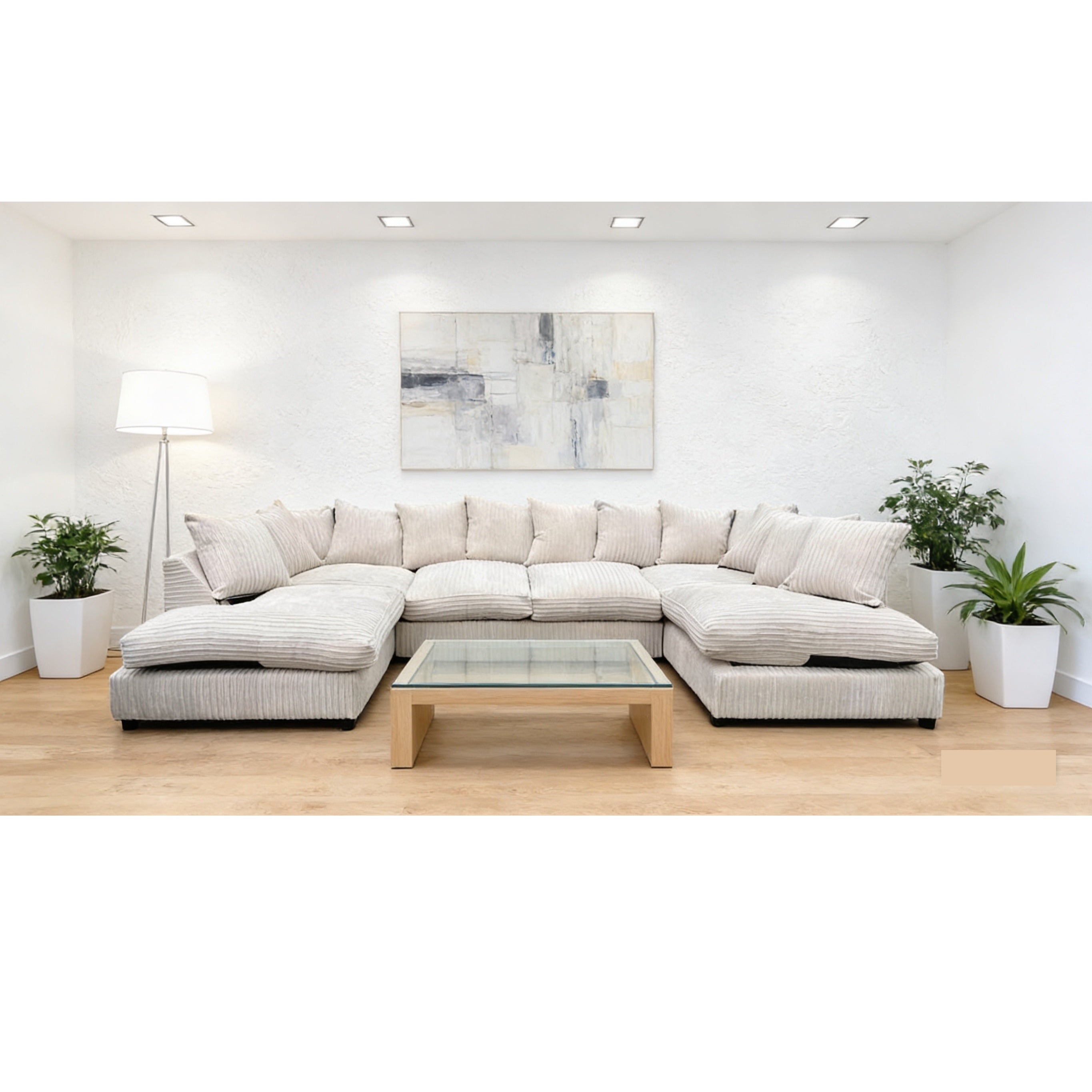 Monaco Scatter Back 6 Seater U Shaped Corner Jumbo Cord Fabric Sofa Mink