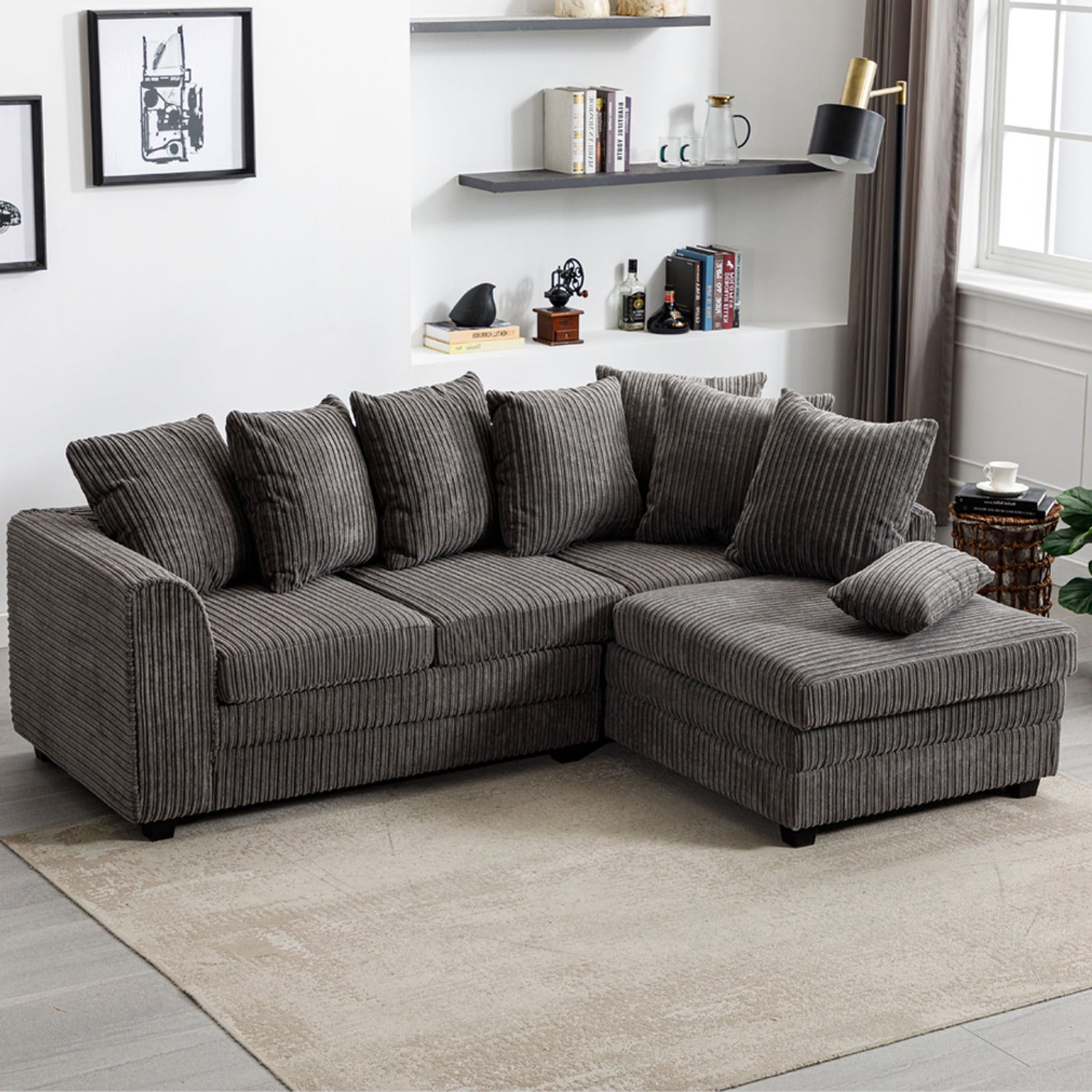 Hannah Jumbo Cord Scatter Back 4 Seater Right Hand Facing Corner Sofa Grey