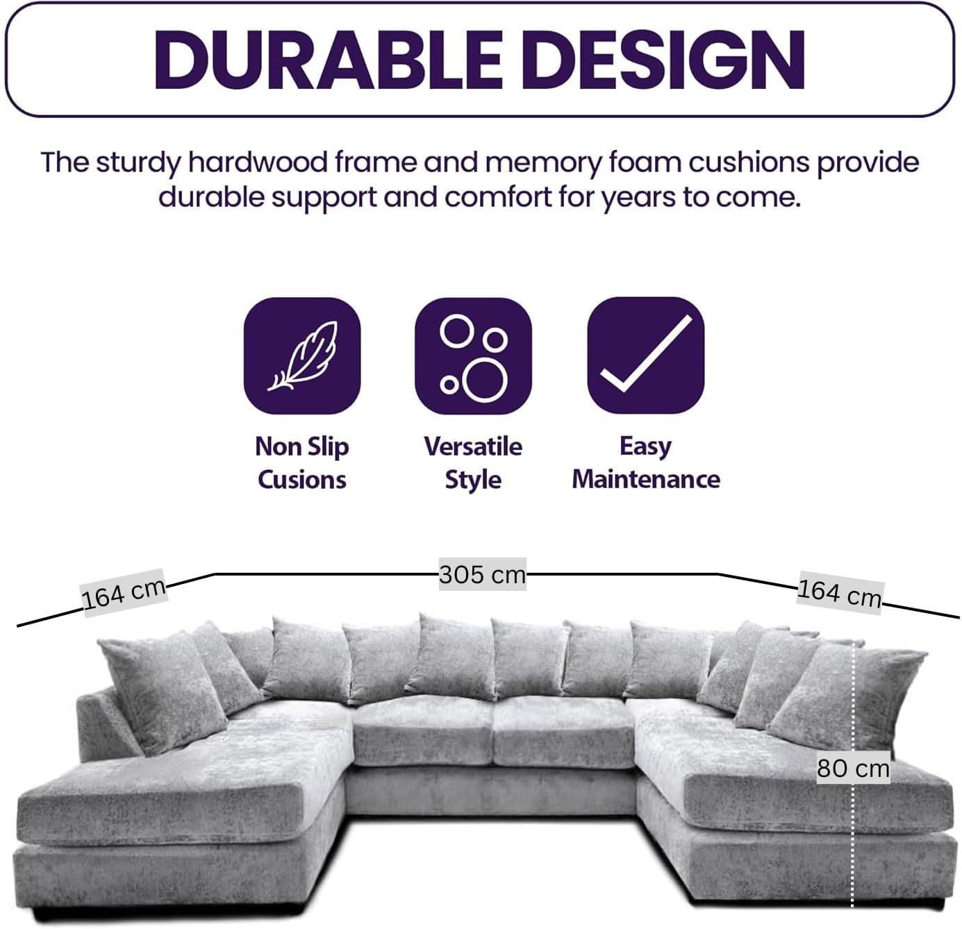 Windsor Scatter Back 6 Seater U Shaped Corner Chenille Fabric Sofa Silver