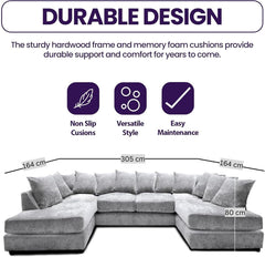 Windsor Scatter Back 6 Seater U Shaped Corner Chenille Fabric Sofa Silver