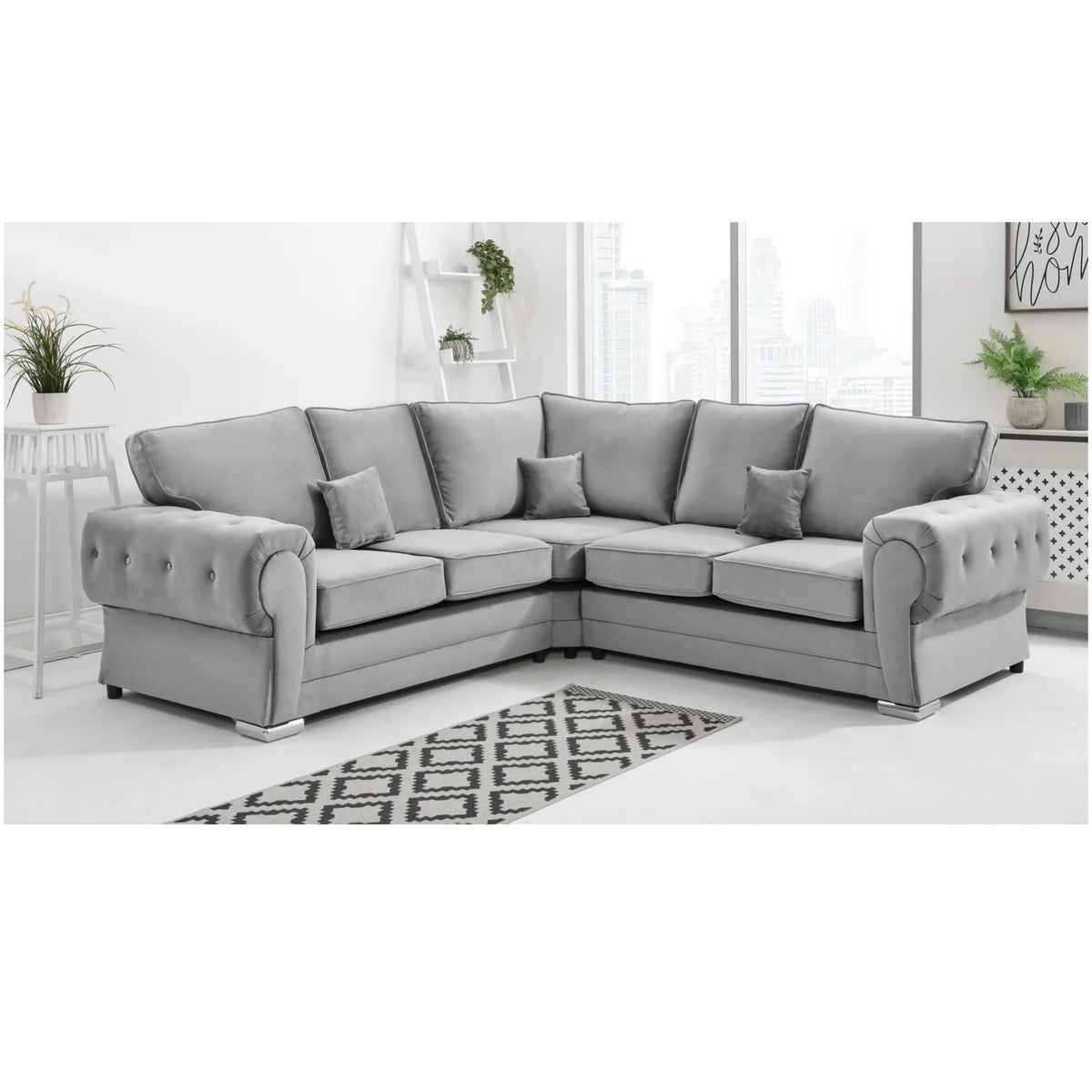 Chingford Plush Velvet Full Back 2c2 Corner Sofa Silver