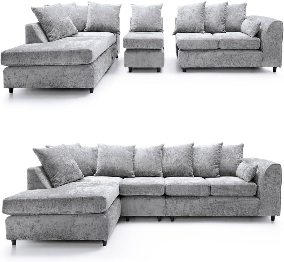 DYLAN Chenille Fabric Scatter Back 5 Seater Left Hand Facing Corner Sofa Silver