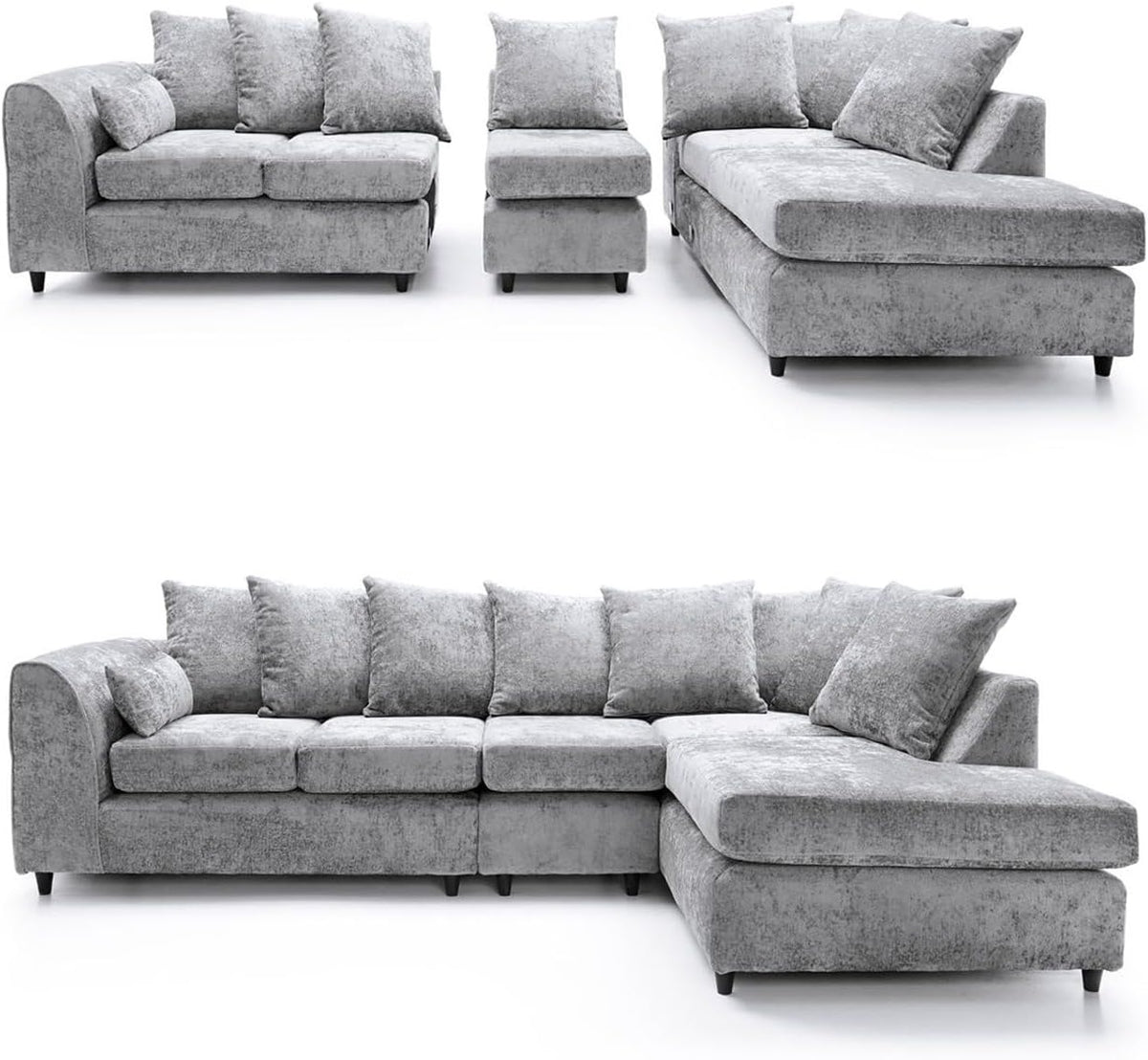 DYLAN Chenille Fabric Scatter Back 5 Seater Right Hand Facing Corner Sofa Silver
