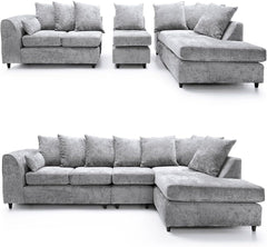 DYLAN Chenille Fabric Scatter Back 5 Seater Right Hand Facing Corner Sofa Silver