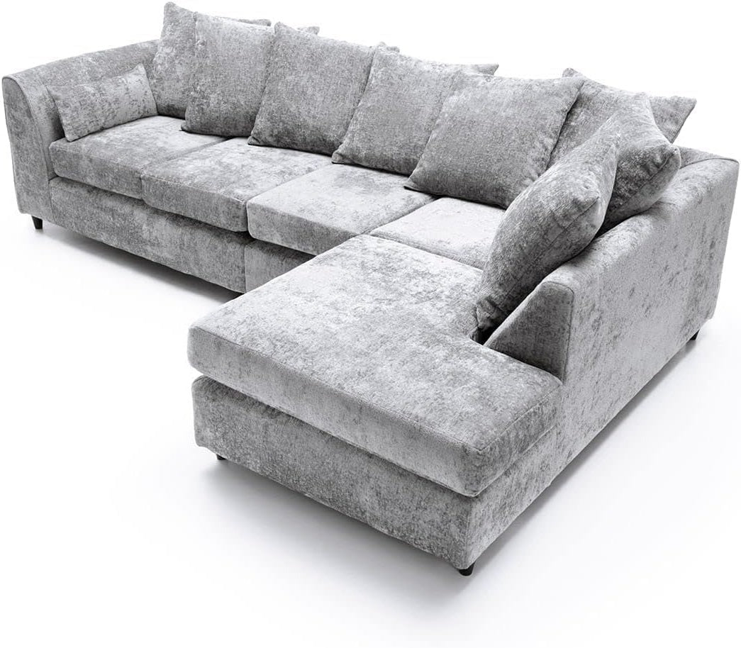 DYLAN Chenille Fabric Scatter Back 5 Seater Right Hand Facing Corner Sofa Silver