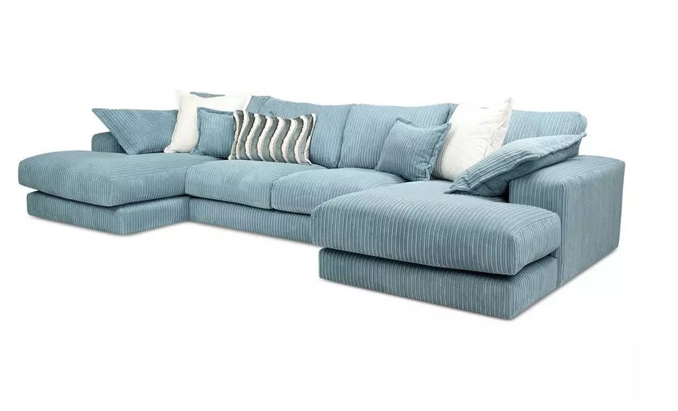 Family Large Double Sofa with Footstool U-Shaped Sky Blue